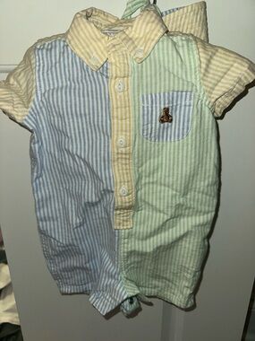GAP Striped Short-Sleeve Button Romper in Blue, Yellow, Green